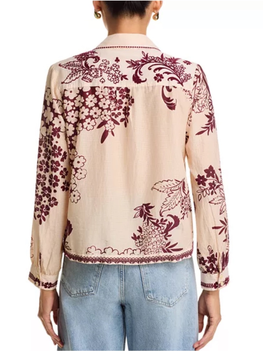 Johnny Was NWT Embroidered Floral Blouse Top Cream Burgundy Maroon Boho L - Picture 3 of 12